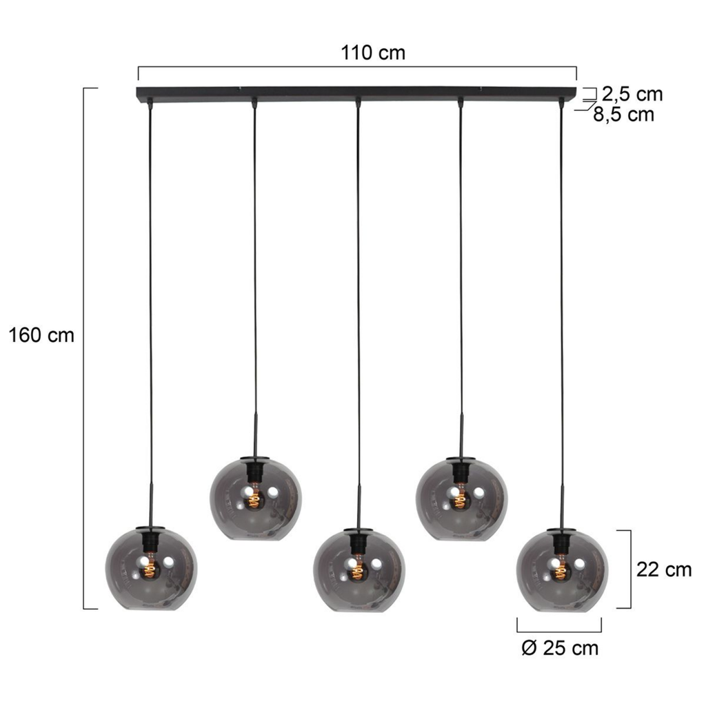 Steinhauer Sferio Hanglamp | Matzwart, Smoke Glas, 5-Lichts Voor Eettafel Steinhauer