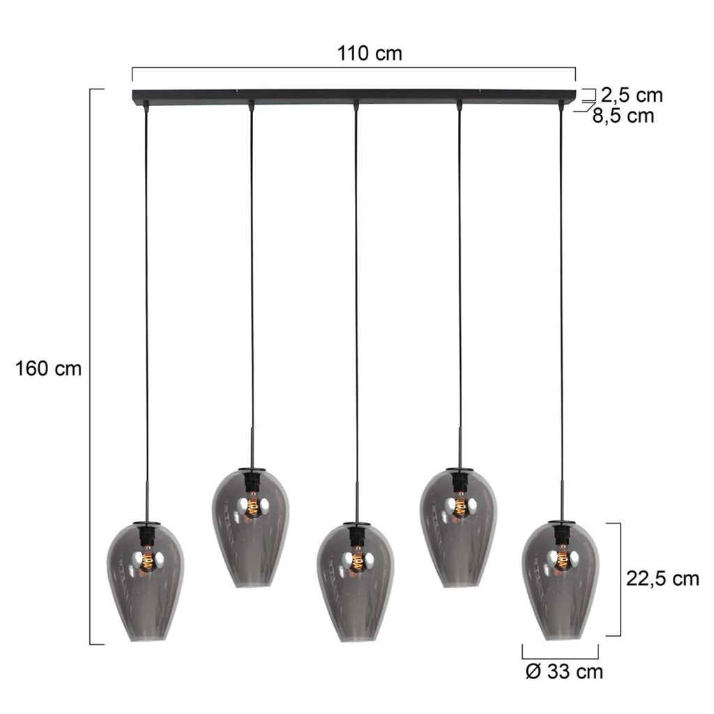 Steinhauer Drovia Hanglamp Zwart | Smoke Glas, 5-lichts voor Eettafel Steinhauer