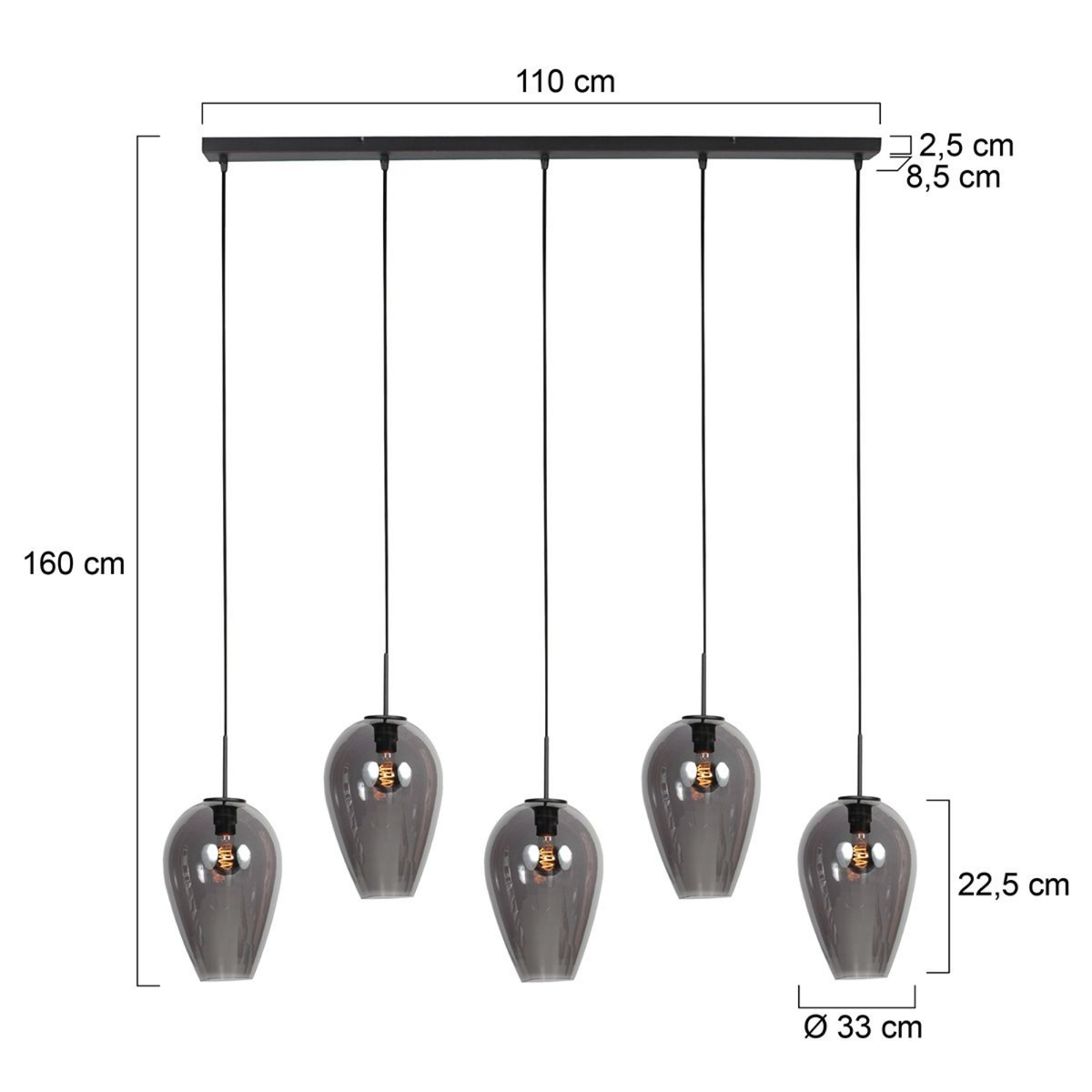 Steinhauer Drovia Hanglamp Zwart | Smoke Glas, 5-lichts voor Eettafel Steinhauer