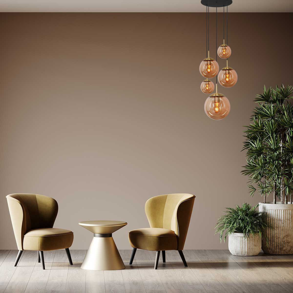 Steinhauer Bollique Hanglamp | Messing, 5-lichts met Amber Glas