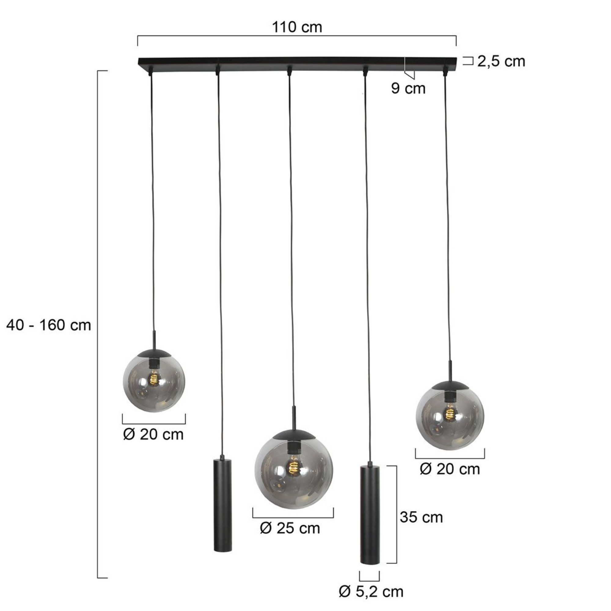 Steinhauer Bollique Hanglamp | Zwart Metaal, 5-lichts, In Hoogte Verstelbaar