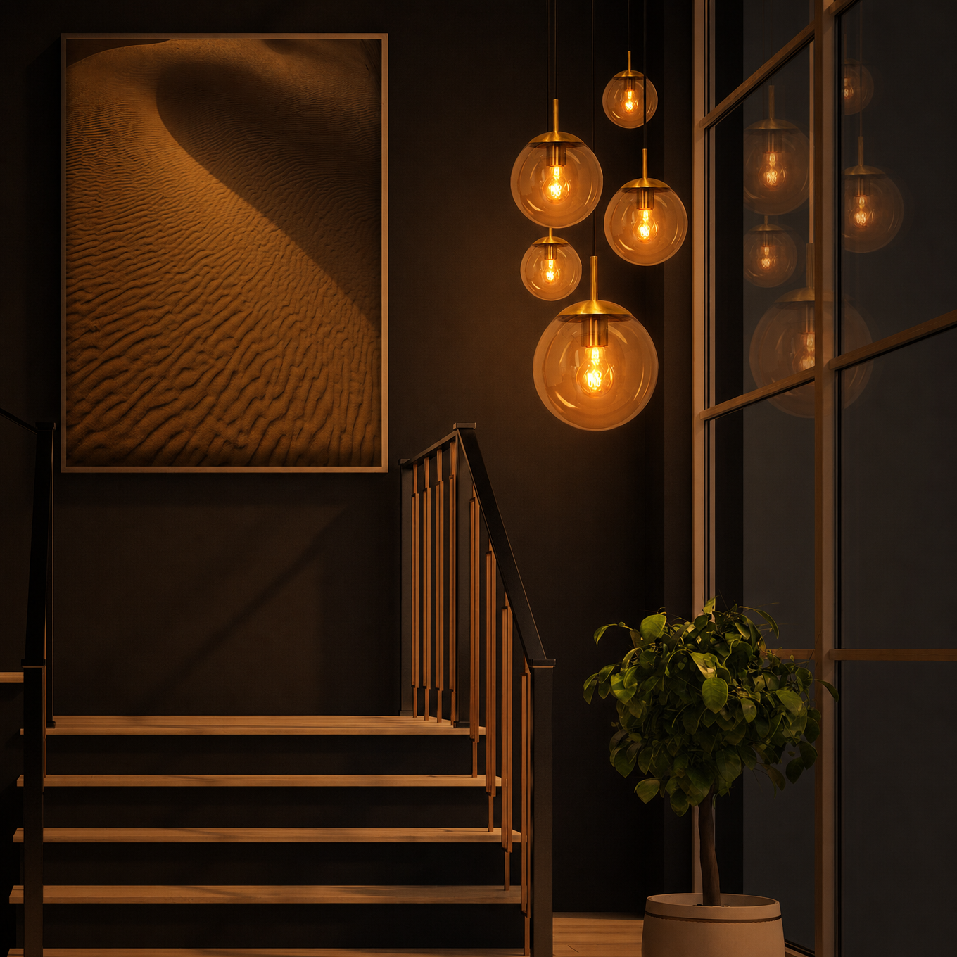 Steinhauer Bollique Hanglamp | Messing, 5-lichts met Amber Glas
