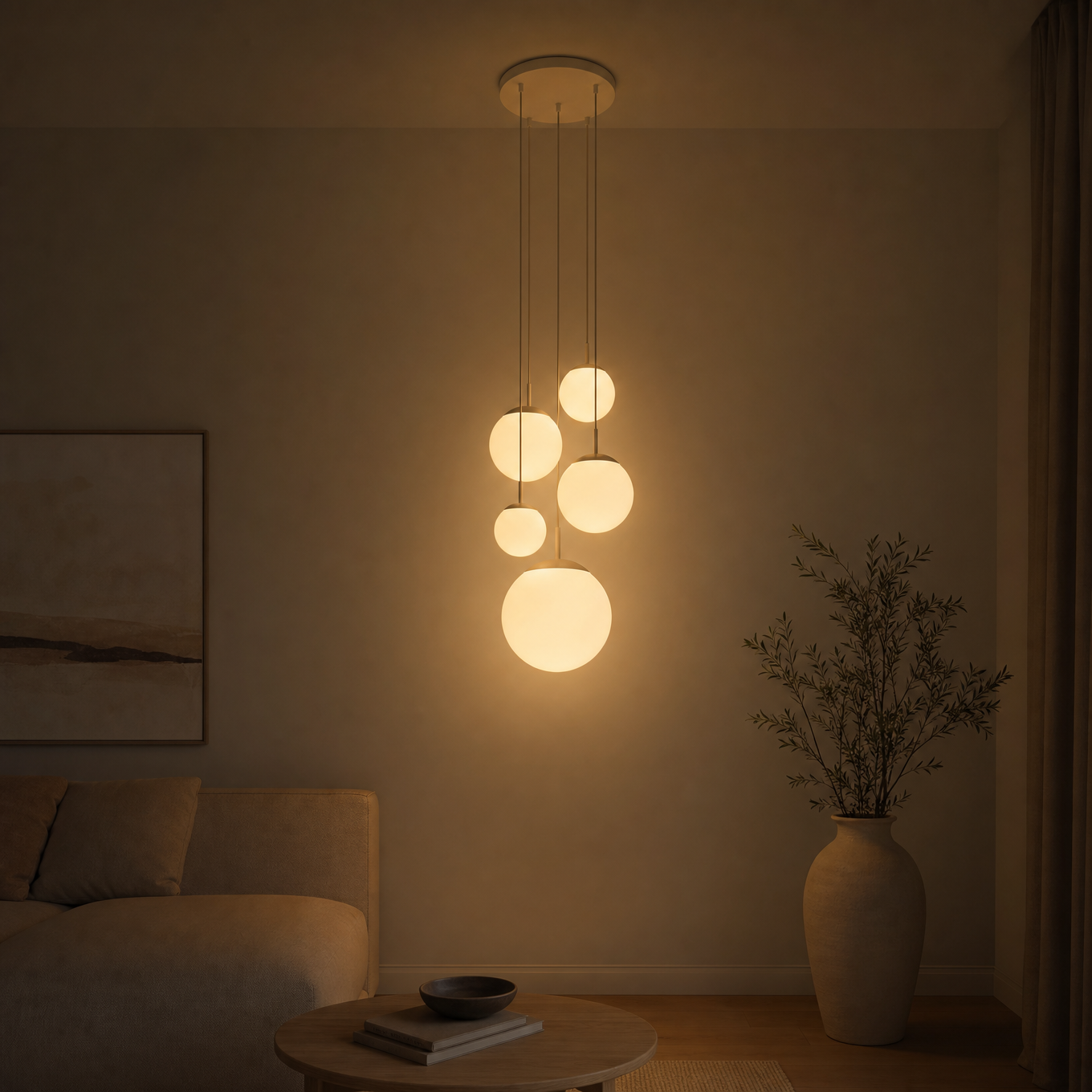 Steinhauer Bollique Hanglamp | Crème Metaal, Mat Wit Glas, 5-lichts Verstelbaar