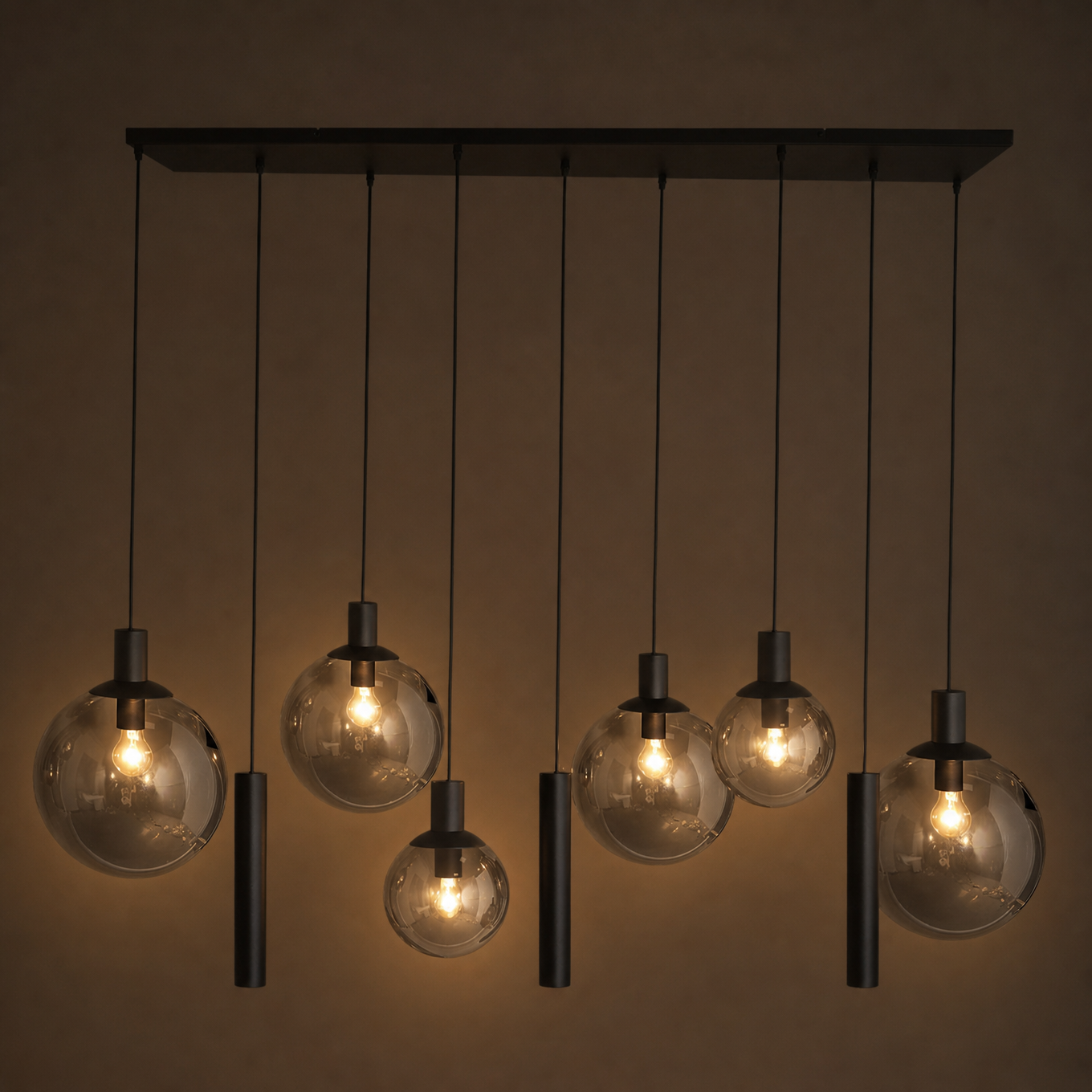 Steinhauer Bollique Hanglamp Zwart | 9-Lichts Smoke Glas, Verstelbaar voor Eettafel