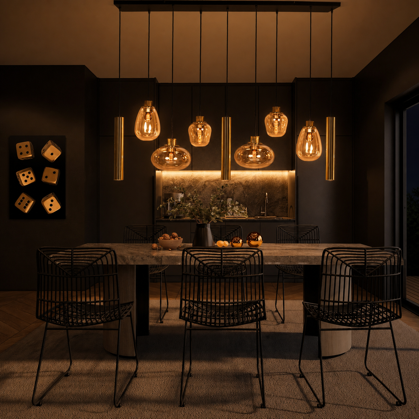 Steinhauer Reflexion Hanglamp | Messing, 9-lichts met Amber Glas